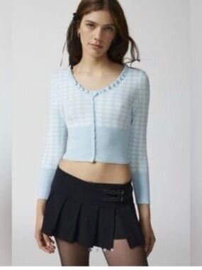 Urban Outfitters Blue Gingham Cropped Cardigan Ruffle Trim Button- Size Large